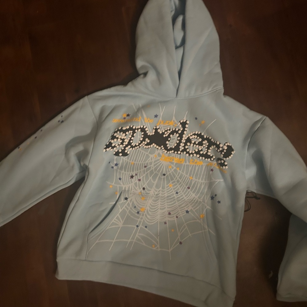 Girls' Light Blue Hooded Sweatshirt with Sparkle Spiderweb Graphic